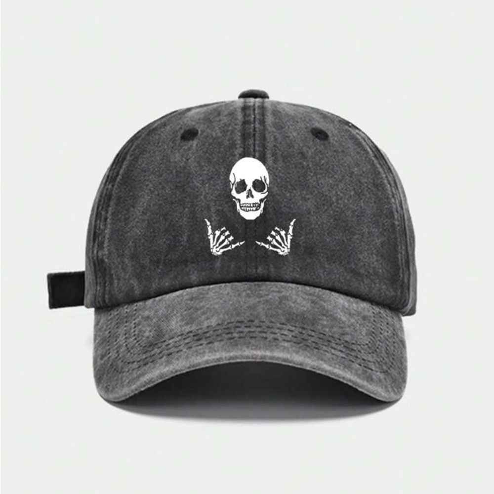 Baseball Hat Skull Print Hang Loose Adjustable Unisex Washed Black - Picture 2 of 13